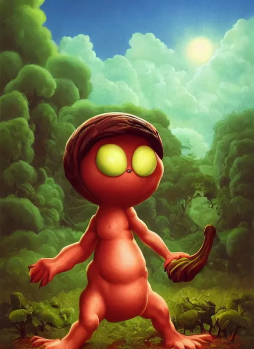 Prompt: cute small fruit vegetable monster, dynamic pose, in clouds, sunset, in a forest, big eyes, portrait by greg hildebrandt, studio lighting, muted colors, by terry richardson, by frank frazetta, extreme detail, reflections, trending on artstation, 8 k