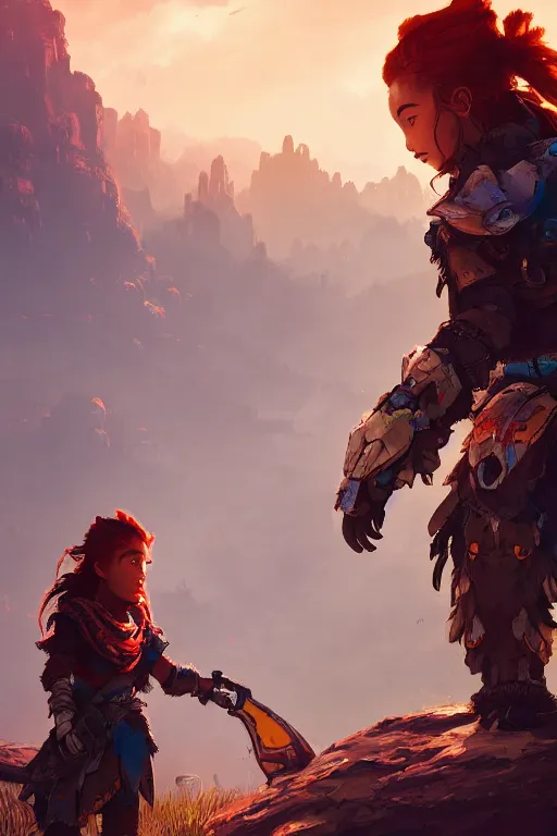 Image similar to combination suit armor aloy horizon forbidden west horizon zero dawn radiating a glowing aura global illumination ray tracing hdr fanart arstation by ian pesty and alena aenami artworks in 4 k tribal robot ninja mask helmet backpack