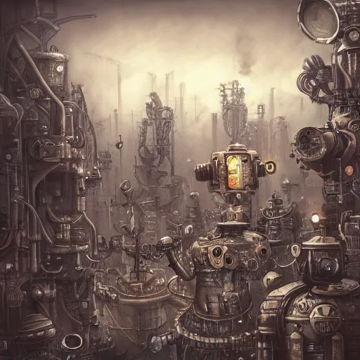 Image similar to robot city, steampunk art, fantasy style, super high detail, super high quality, talented artist, trending on artstation, machinarium