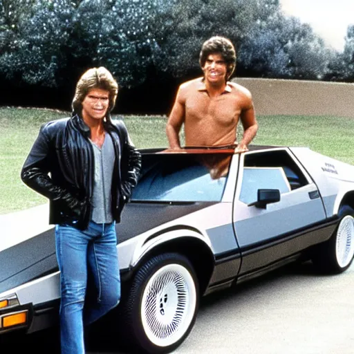 Prompt: a photo taken on the set of the tv show knight rider in 1 9 8 2, showing kitt the car from the series with michael knight posing in front