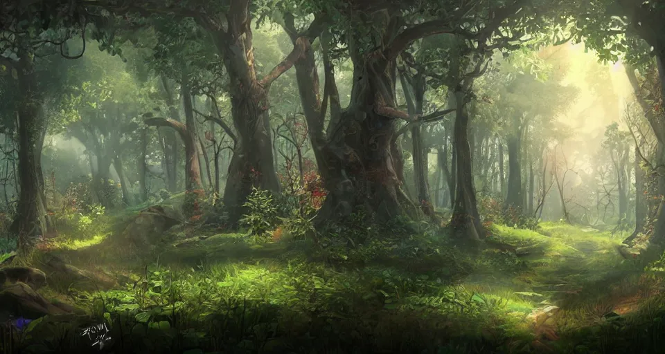 Image similar to Enchanted and magic forest, by Artstation