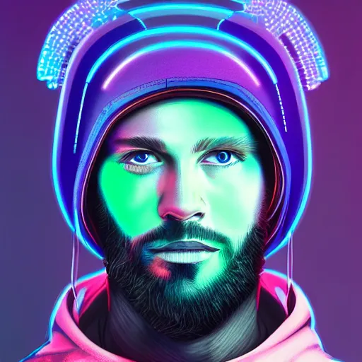 Image similar to a portrait of an ultradetailed futuristic male cyberpunk wearing a hoodie on his head, bearded, deep blue eyes, by dylan kowalski, 8 k, purple neon colours, digital painting, trending on gc society