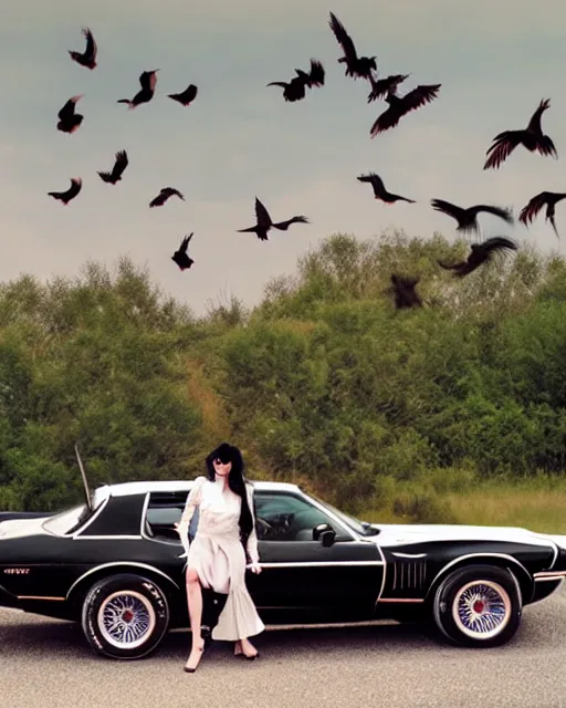 Prompt: a beautiful woman with Long black hair playing electric guitar by her White Pontiac Firebird convertible is surrounded by a flock of friendly crows, atmospheric, photorealistic