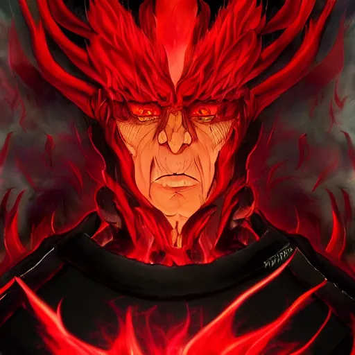 Image similar to portrait of dark biden as the master of the dark flames of destruction, anime fantasy illustration by tomoyuki yamasaki, kyoto studio, madhouse, ufotable, trending on artstation