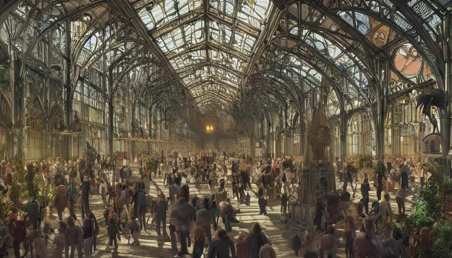 Image similar to interior of crowded neo - gothic london's indoor birds zoo, hyperdetailed, artstation, cgsociety, 8 k