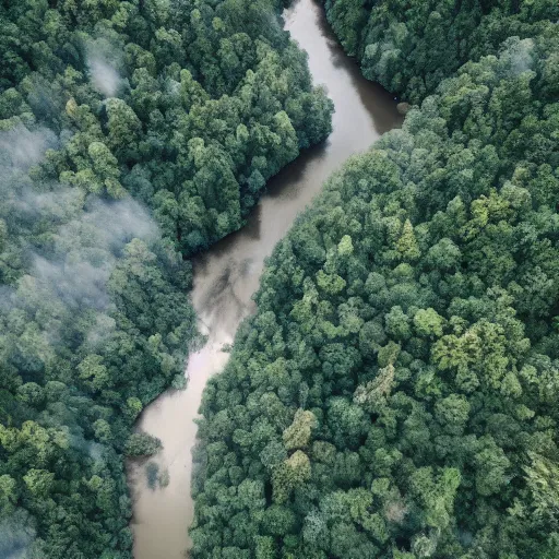 Prompt: aerial photo river, deep forests