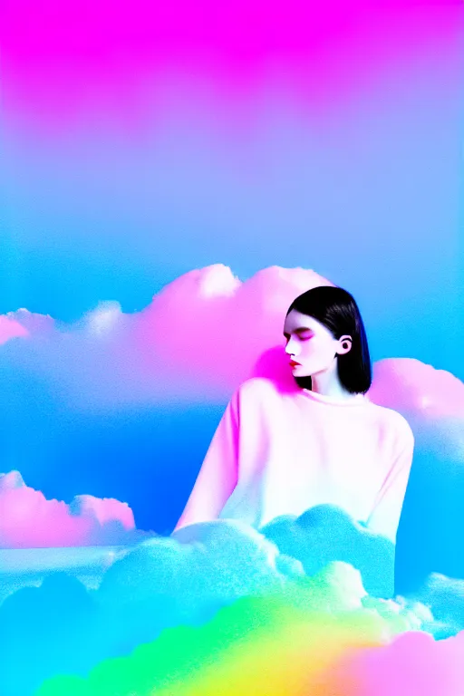 Image similar to high quality pastel coloured film photograph of a model wearing black clothing resting on cloud furniture clouds in a haze filled dreamstate world. three point light, rainbow. photographic production. art directed. pastel colours. volumetric clouds. pastel gradient overlay. waves glitch artefacts. 8 k. filmic.