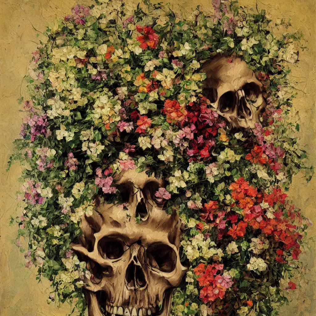 Prompt: Skull from which blooms many vines and blossoms, dramatic light, painted in the style of the old masters, painterly, thick heavy impasto, expressive impressionist style, painted with a palette knife