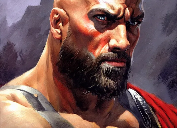 Prompt: a highly detailed beautiful portrait of the rock as kratos, by gregory manchess, james gurney, james jean