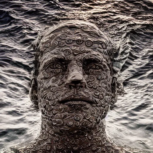 Image similar to a giant water sculpture of a human head, on the ocean water, cinematic, in the style of johnson tsang, long shot, hyper detailed, hyper realistic, ray tracing, 8 k resolution, sharp focus, realistic water, award winning