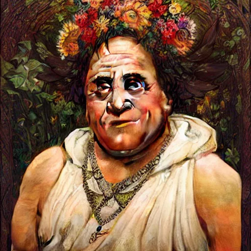 Prompt: Danny Devito as a goddess , A stunning masterpiece, Highly Detailed, Photorealism, by Greg rutkowski, Sachin Teng, Thomas Kindkade, Alphonse Mucha, Norman Rockwell, Tom Bagshaw