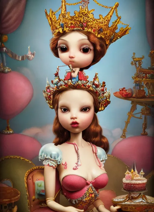 Image similar to highly detailed closeup, profile portrait of a tin toy fairytale princess wearing a crown eating cakes, bikini, unreal engine, nicoletta ceccoli, mark ryden, earl norem, lostfish, global illumination, detailed and intricate environment