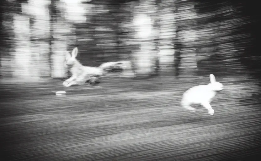 Image similar to rabbit jumping, in motion, blur, action, house in the wood, lomography photo, unfocus, monochrome, 35mm, noise effects filter