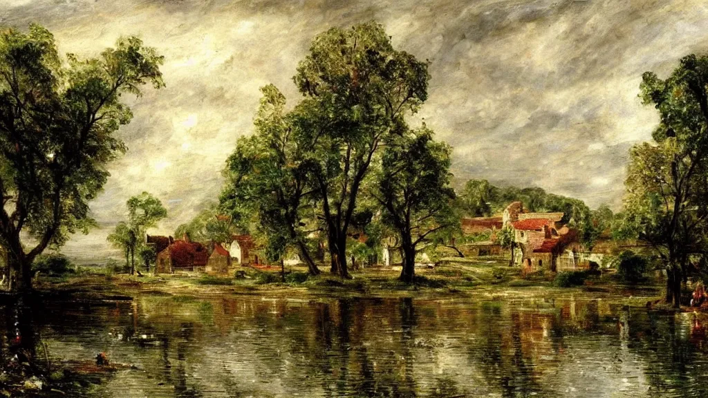 Prompt: portrait of a town by a lake, countryside, victorian, fantasy, cinematic lighting, realistic, highly detailed, painting by john constable