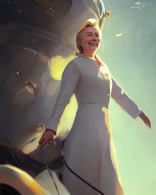 Image similar to hillary clinton in her 2 0's in a spaceship pilot dress, portrait, illustration, rim light, top light, perfectly shaded, spring time, slight overcast lighting, soft painting, art by krenz cushart and wenjun lin