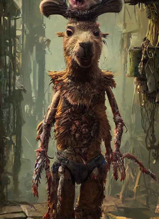 Prompt: detailed full body concept art illustration oil painting of an anthropomorphic capybara zombie in full intricate clothing, biomutant, dystopian, ultra detailed, digital art, octane render