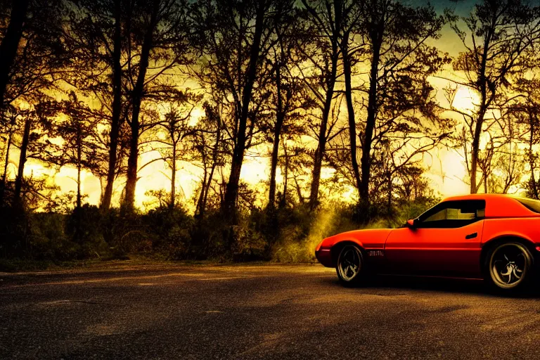 Image similar to pontiac firebird with glowing paint, sunrise, eerie light, fireflies, pokemon, pokemon, dramatic, cinematic, forest, sunbeams, volumetric lighting, wide shot, low angle, lightning hitting the car