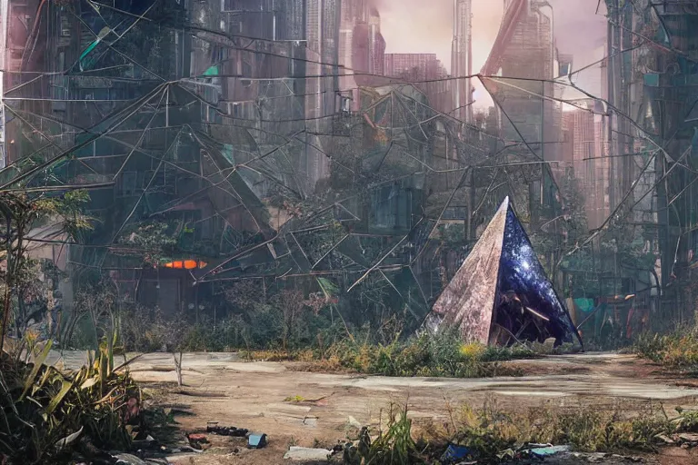 Image similar to a triangular portal structure made from crystals in the centre of an abandoned overgrown cyberpunk city, matte painting, unusual composition