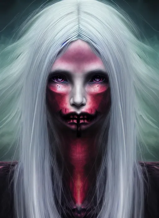 Image similar to realistic detailed image of a young beautiful female vampire-dragon-cyborg, bleach hair blowing in an angry and stormy moody atmosphere, anime art, anime, inspired by H.R. Giger and Zdzislaw Beksinski and Mark Ryden, gothic, rich deep colors. A masterpiece, matte painting, digital art, trending on artstation.