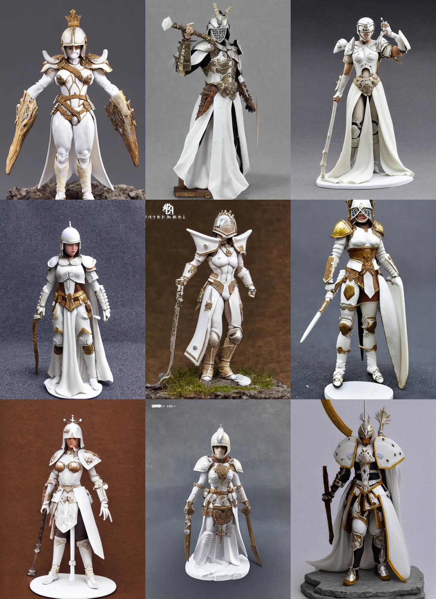 Prompt: 80mm resin detailed miniature of a Queen of war, white armor, iron mask and helmet, Very long white cloak, Very muscular, abdomen, olive skin, on textured base; Miniature product Introduction Photos, 4K, Full body; Front view
