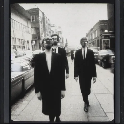 Prompt: wide-shot low angle of invisible people in formal suits walking down the Night Vale street, polaroid photo, by Andy Warhol