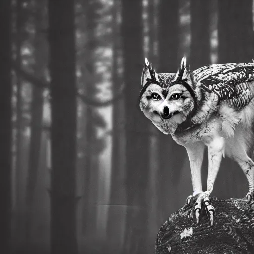 Image similar to mixture between an! owl and wolf, captured in a forest