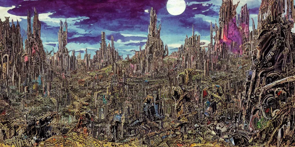 Prompt: post apocalyptic scifi landscape with city ruins, bustling with orcs and elven mystics, by philippe druillet, psychedelic colors