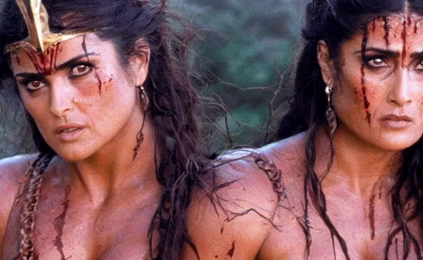 Prompt: epic photo of muscular salma hayek as beautiful barbarian warrior princess in a battle scene, sweaty, detailed eyes, neutral expression, shallow depth of field, photorealistic, cinematic lighting, lovely bokeh, warm colours, dusk, movie quality, conan the destroyer 1 9 8 5