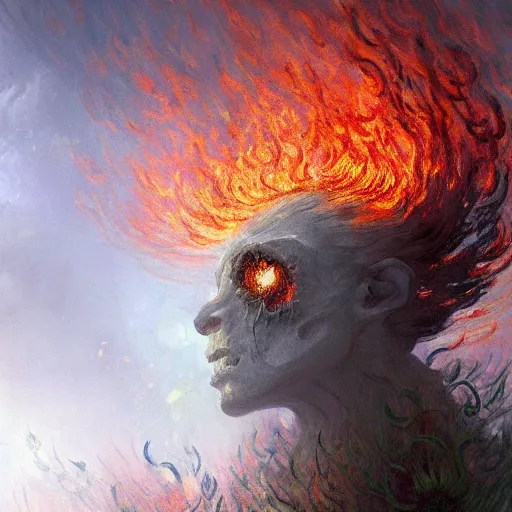 Prompt: a beautiful terrifying monster of flowers, eyes and mouth glowing like burning embers. ethereal horror fantasy art by monet and greg rutkowski