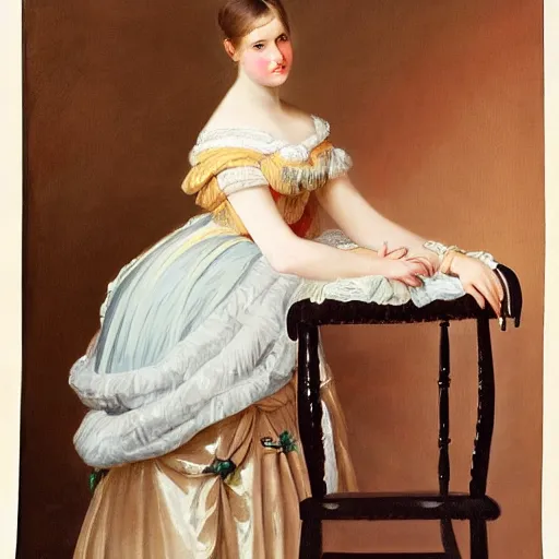 Prompt: full body portrait of a young german princess standing by a chair by Franz Xaver Winterhalter and Andreas Herman Hunæus painted in the 1900s, romanticism, vivid, fancy, beautiful, rococo, coherent