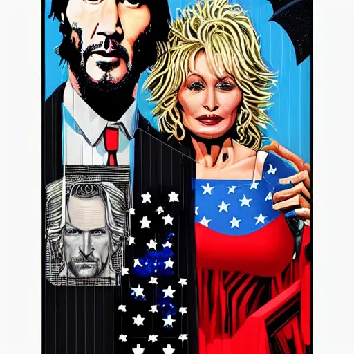 Image similar to American Gothic, with Keanu Reeves and Dolly Parton, by MARVEL comics and Sandra Chevrier, 8k