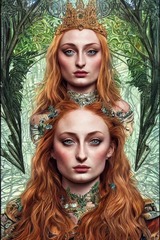 Prompt: Sophie Turner as the Queen of the Jungle, detailed face, cute, fantasy, intricate, elegant, highly detailed, digital painting, 4k, HDR, concept art, smooth, sharp focus, illustration, art by artgerm and H R Giger and alphonse mucha