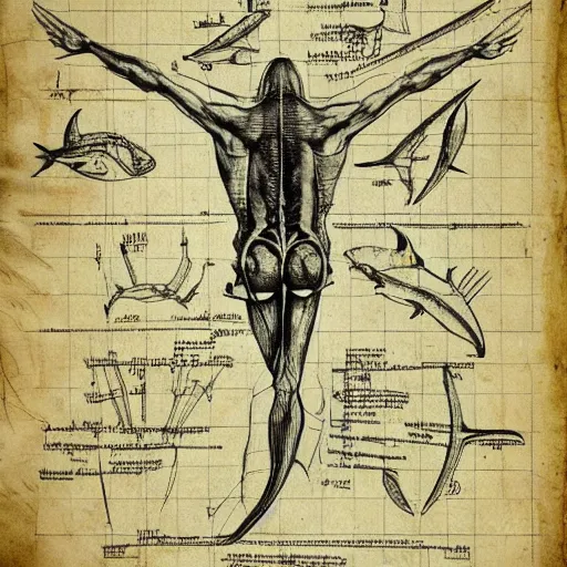 Image similar to anatomical drawing of shark, davinci style, medical drawing, blueprint, schematic, old school