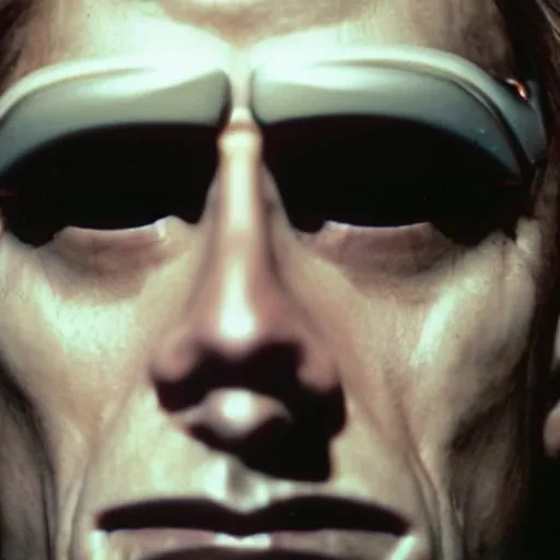 Image similar to close up portrait photograph of man with mullet cyborg eye. From The Terminator 1984