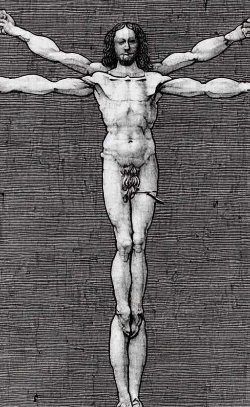 Image similar to Leonardo da Vinci\'s Vitruvian Man crucified on a cross