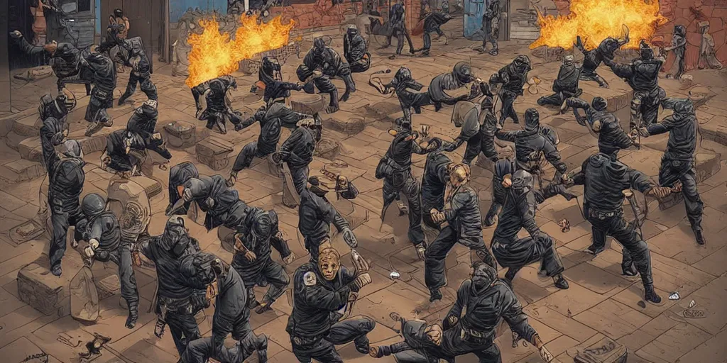 Image similar to keystone cops vs. Ninjas. Epic painting by James Gurney and Laurie Greasley.