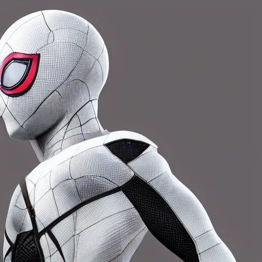 Image similar to white spider - man suit with black web lining, cinematic, volumetric lighting, realistic, hyperdetailed, photorealistic, photograph