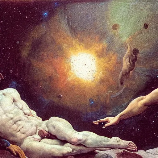 Image similar to the creation of the human race from the cosmos, detailed oil painting by goya and michelangelo and alan lee