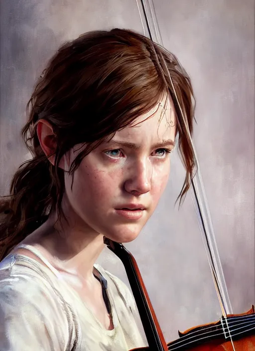 Image similar to portrait of ellie from the last of us in a white dress playing the violin. by Daniel F. Gerhartz, hyperrealistic oil painting, 4k, very detailed faces, studio lightning