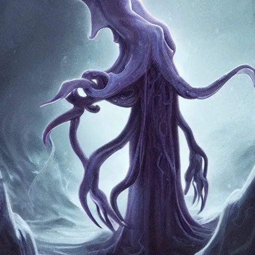 Image similar to concept designs for an ethereal ghostly wraith like figure with a squid like parasite latched onto its head and long tentacle arms that flow lazily but gracefully at its sides like a cloak while it floats around a frozen rocky tundra in the snow searching for lost souls and that hides amongst the shadows in the trees, this character has hydrokinesis and electrokinesis for the resident evil village video game franchise with inspiration from the franchise Bloodborne