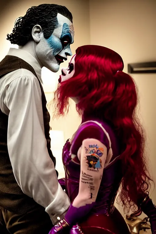 Image similar to joaquin phoenix joker with harley queen lady gaga, photorealistic, ultrarealistic, smooth, 4 k, aesthetic lighting, baroque object, sharp focus, hyperdetailed, professional photography, pullitzer winning, 8 0 0 photo by : canon eos 5 d mark iv, by karah mew and adnan abidi and jodie bateman and ansel adams