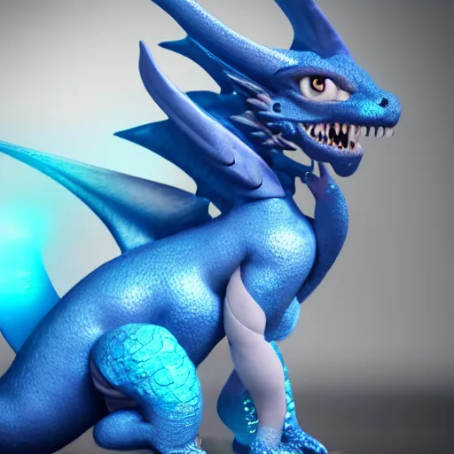 Prompt: a 3 d render of a cute, blue, female, anthropomorphic dragon with ice crystals growing off her, sharp focus, unreal engine, trending on artstation