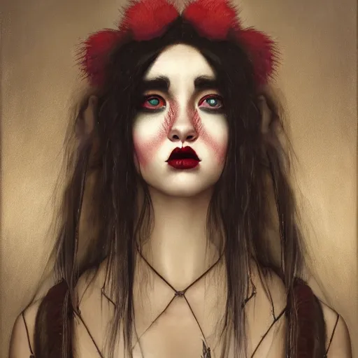 Image similar to tom bagshaw portrait, insanity and madness curiosities, beautiful asian mix of dove cameron madison beer bella poarch in a full dress body, clown makeup, professionally retouched, focus eyes, ultra realistic soft painting, insanely detailed linework, symmetrical accurate intricate features, behance, 8 k