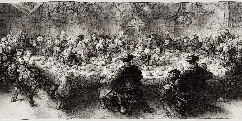 Prompt: Work colleagues get together to feast on a big table with lots of food drawn by rembrandt