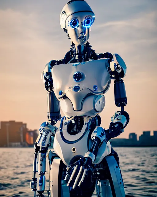 Prompt: beautiful centered photo portrait of hoyeon jung as a solarpunk robotic humanoid with white mechanical parts with bright halogen lights, treading on calm water, ultra - realistic and detailed, sun lit, white background, bokeh, soft focus, slow exposure hdr 8 k