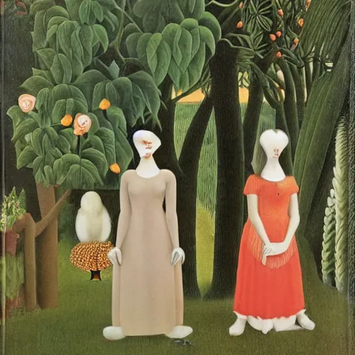 Prompt: two weird duck headed sisters standing side by side in a weird fantastical garden, weird, weirder, weirdest, by henri rousseau, moucha, stanley kubrick, masterpiece, beautiful, deep spatial depth, atmospheric perspective, wide angle lens