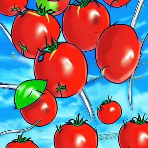 Image similar to attack of the killer's tomatoes. anime style