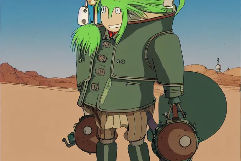 Image similar to a study of a cell shaded cartoon of a mechanized punk with green hair from howl's moving castle ( 2 0 0 4 ), on a desert road, full body, wide shot, very muted colors, post grunge, studio ghibli, laurie greasley, highly detailed, deviantart, art by artgem