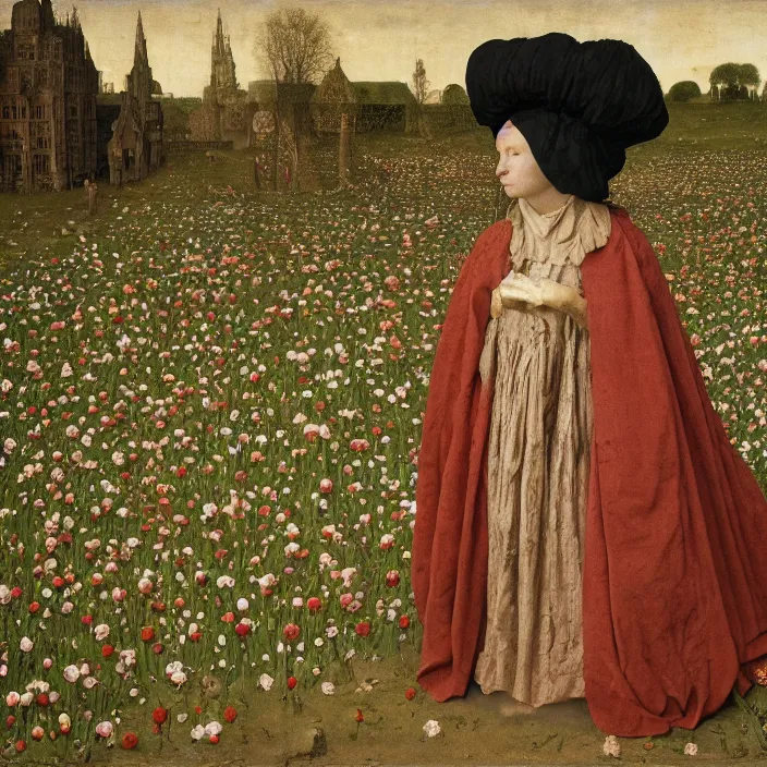 Prompt: a woman wearing a cloak made of plastic an mud, in an infinite landscape of flowers, by jan van eyck, canon eos c 3 0 0, ƒ 1. 8, 3 5 mm, 8 k, medium - format print