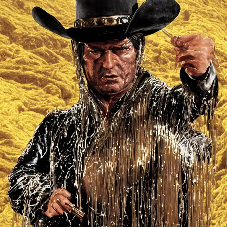 Image similar to 1 9 7 0's spaghetti western film octane render portrait by wayne barlow and carlo crivelli and glenn fabry, a man wearing a shiny black latex suit and cowboy hat covered in colorful slime, standing in a scenic western landscape, cinema 4 d, ray traced lighting, very short depth of field, bokeh